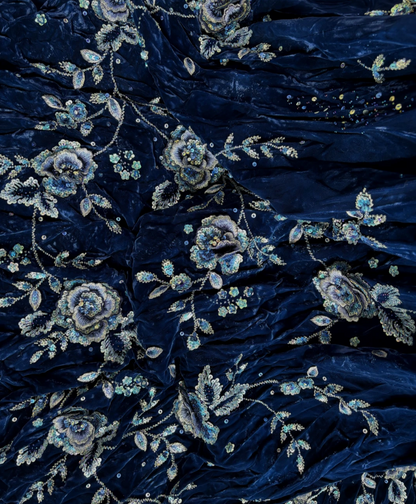 Vintage Off-Shoulder Blue Prom Dress Floral Velvet Sequins A-Line Evening Dress GG7553