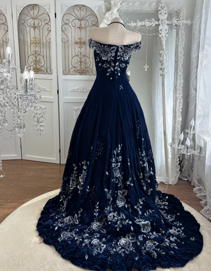 Vintage Off-Shoulder Blue Prom Dress Floral Velvet Sequins A-Line Evening Dress GG7553