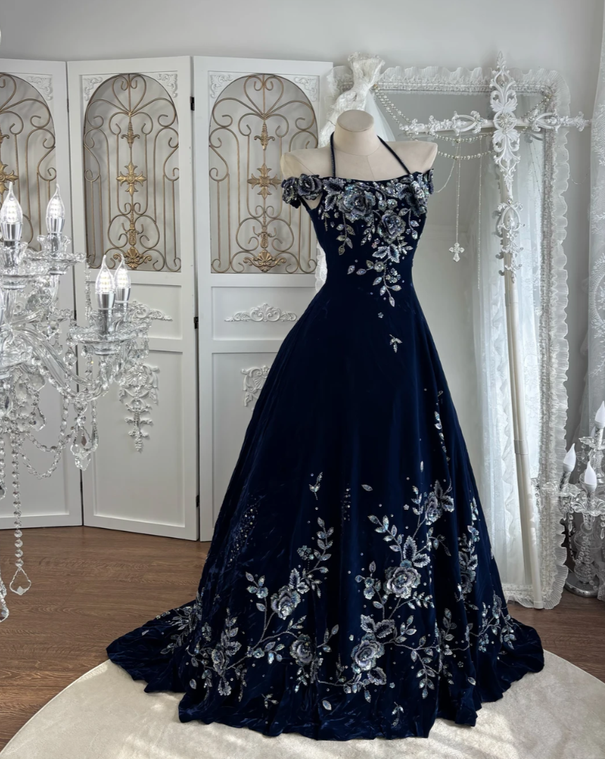 Vintage Off-Shoulder Blue Prom Dress Floral Velvet Sequins A-Line Evening Dress GG7553