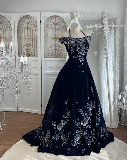 Vintage Off-Shoulder Blue Prom Dress Floral Velvet Sequins A-Line Evening Dress GG7553