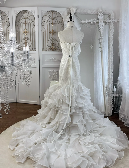 Enchanting Strapless Appliques Wedding Dress Bow Ruffles Mermaid Bridal Dress GG7554