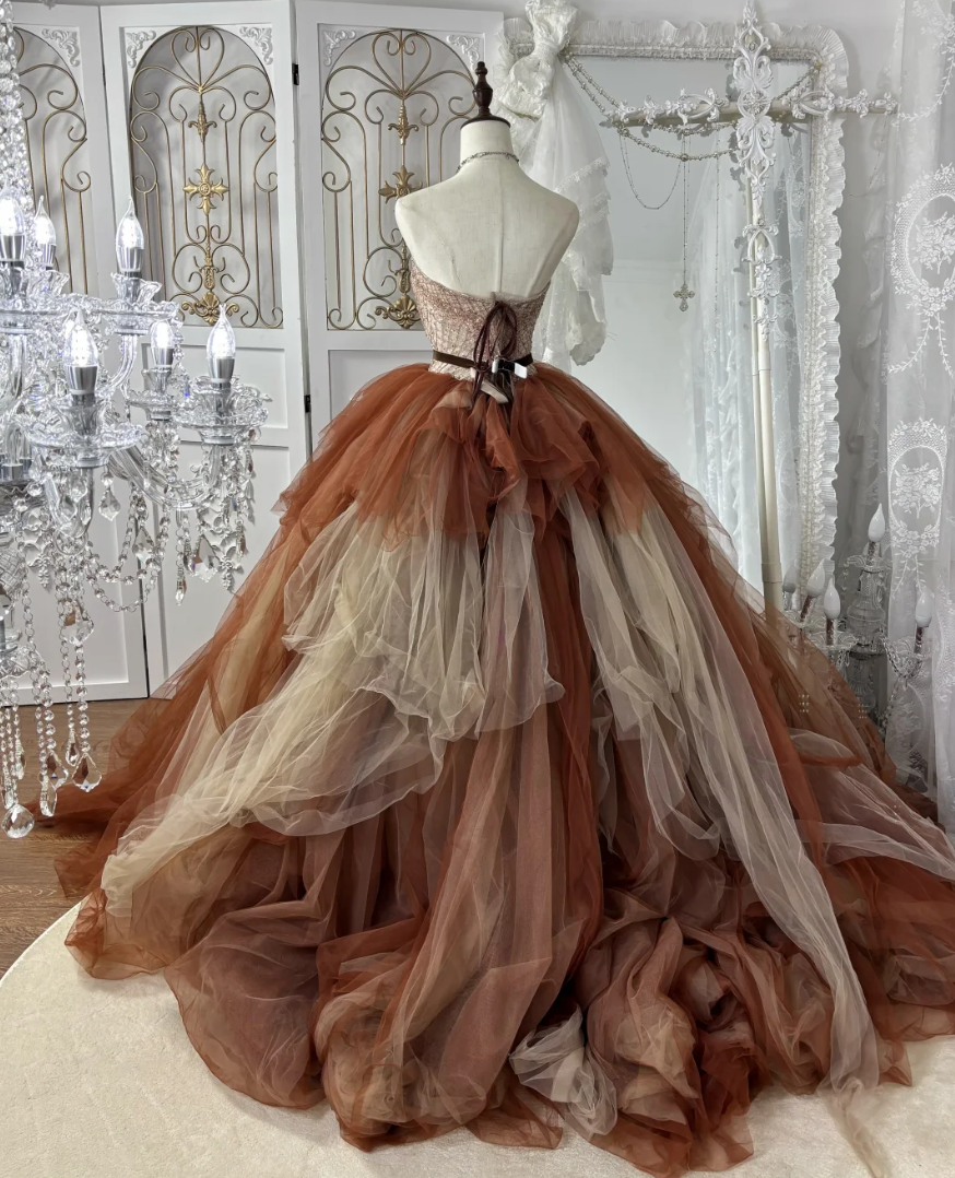 Retro Strapless Brown Prom Dress Sequins Tulle A-Line Evening Dress GG7556