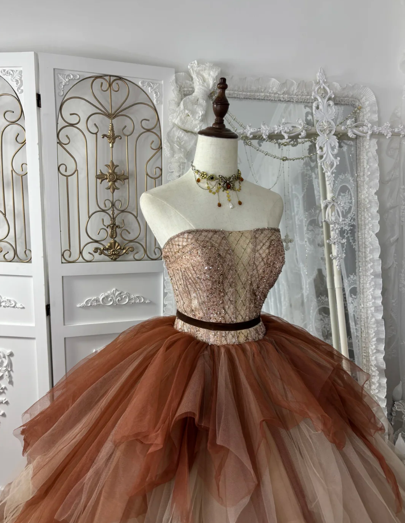 Retro Strapless Brown Prom Dress Sequins Tulle A-Line Evening Dress GG7556