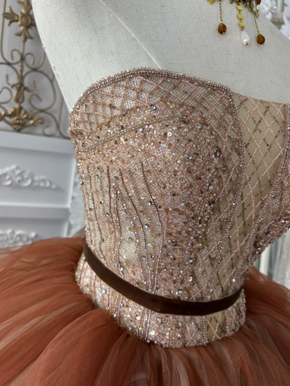 Retro Strapless Brown Prom Dress Sequins Tulle A-Line Evening Dress GG7556
