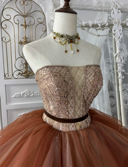 Retro Strapless Brown Prom Dress Sequins Tulle A-Line Evening Dress GG7556
