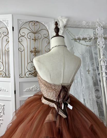 Retro Strapless Brown Prom Dress Sequins Tulle A-Line Evening Dress GG7556