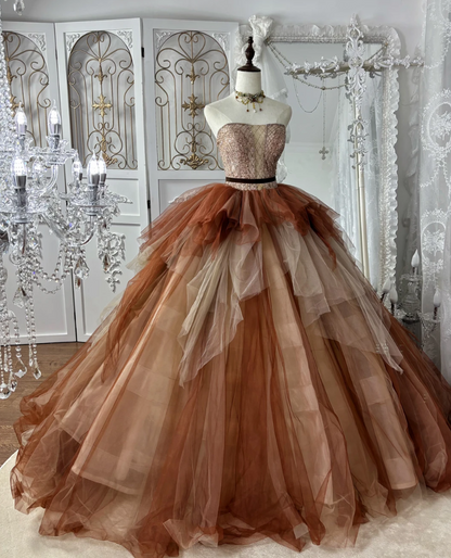 Retro Strapless Brown Prom Dress Sequins Tulle A-Line Evening Dress GG7556