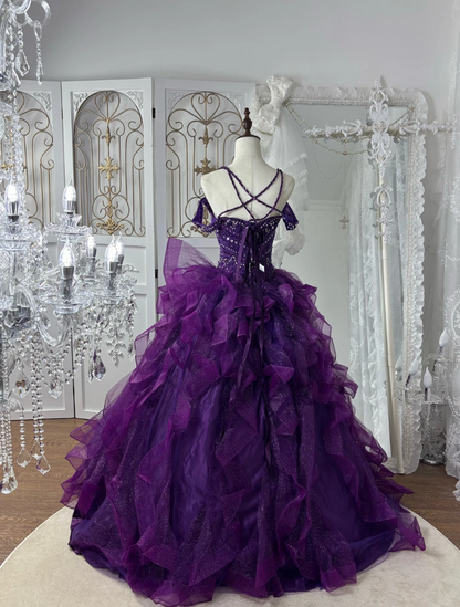 Glittering Halter Neck Purple Prom Dress Sequins Ruffles Tulle A-Line Evening Dress GG7557