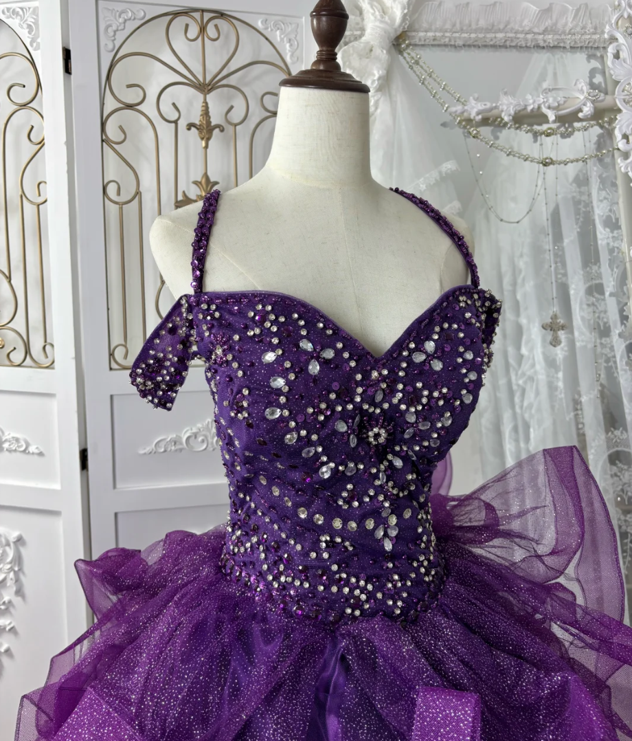 Glittering Halter Neck Purple Prom Dress Sequins Ruffles Tulle A-Line Evening Dress GG7557