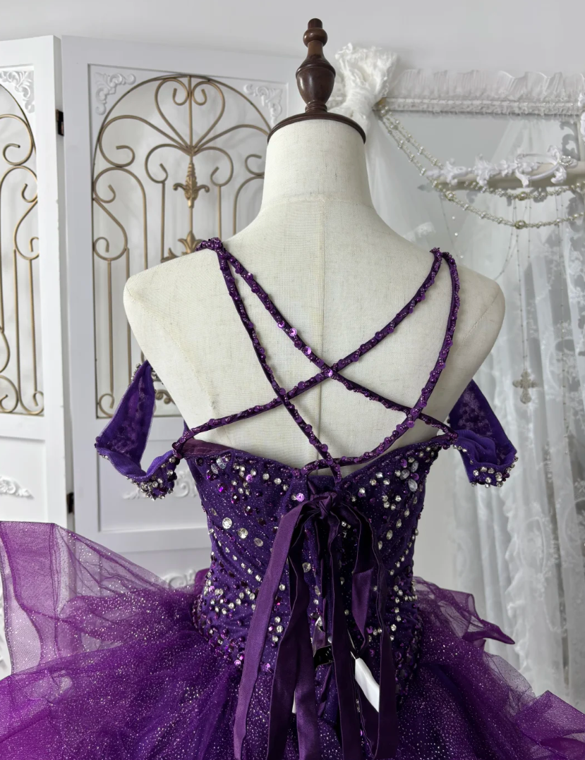 Glittering Halter Neck Purple Prom Dress Sequins Ruffles Tulle A-Line Evening Dress GG7557