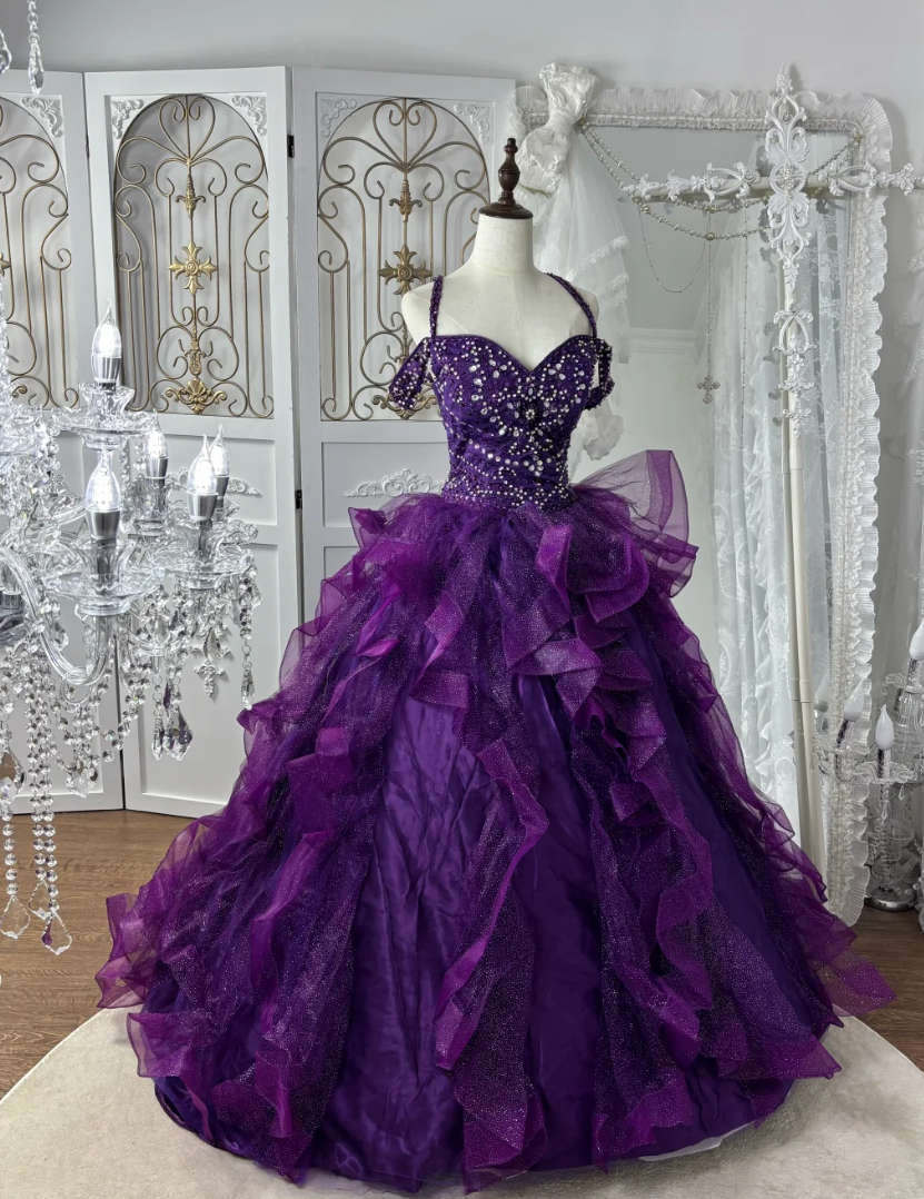 Glittering Halter Neck Purple Prom Dress Sequins Ruffles Tulle A-Line Evening Dress GG7557