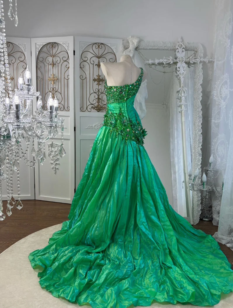 Vintage One Shoulder Green Prom Dress Sequins Rhinestones Mermaid Evening Dress GG7559