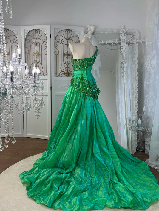 Vintage One Shoulder Green Prom Dress Sequins Rhinestones Mermaid Evening Dress GG7559