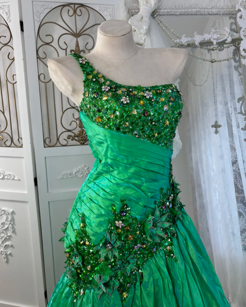 Vintage One Shoulder Green Prom Dress Sequins Rhinestones Mermaid Evening Dress GG7559