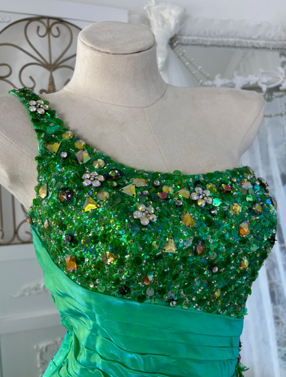 Vintage One Shoulder Green Prom Dress Sequins Rhinestones Mermaid Evening Dress GG7559