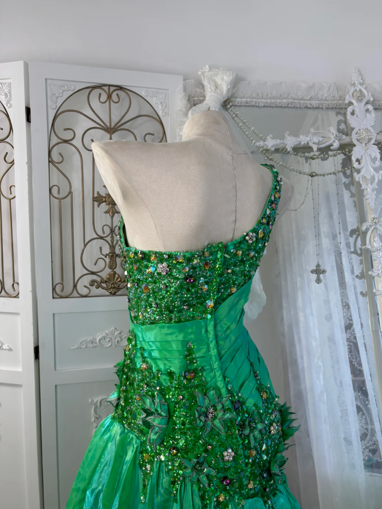 Vintage One Shoulder Green Prom Dress Sequins Rhinestones Mermaid Evening Dress GG7559