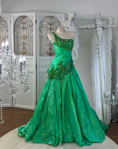 Vintage One Shoulder Green Prom Dress Sequins Rhinestones Mermaid Evening Dress GG7559