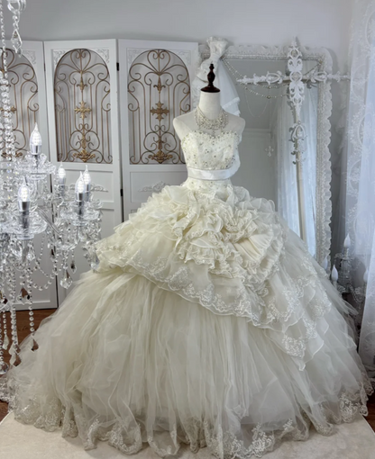 Ornate Strapless Ruffled Wedding Dress Beading Lace Tulle A-Line Bridal Dress GG7560