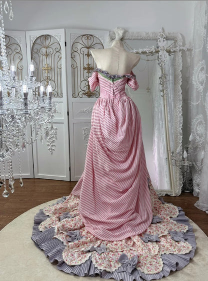 Sweet Off-Shoulder Pink Prom Dress Stripes Floral A-Line Evening Dress GG7561