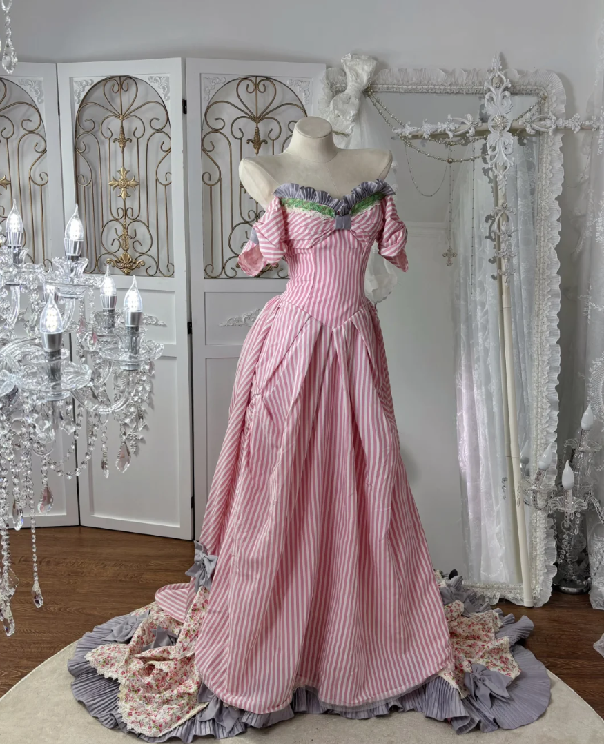 Sweet Off-Shoulder Pink Prom Dress Stripes Floral A-Line Evening Dress GG7561