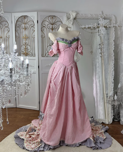 Sweet Off-Shoulder Pink Prom Dress Stripes Floral A-Line Evening Dress GG7561