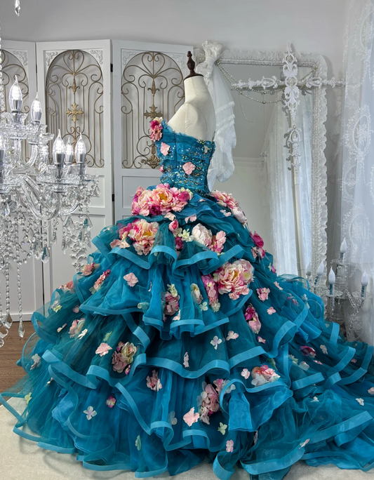 Ornate Strapless Blue Prom Dress Appliques Sequins A-Line Evening Dress GG7562