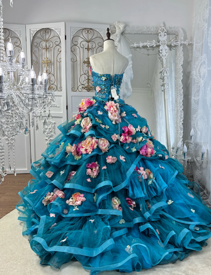 Ornate Strapless Blue Prom Dress Appliques Sequins A-Line Evening Dress GG7562