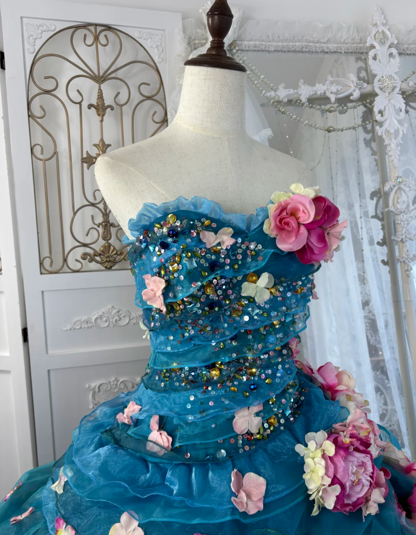 Ornate Strapless Blue Prom Dress Appliques Sequins A-Line Evening Dress GG7562