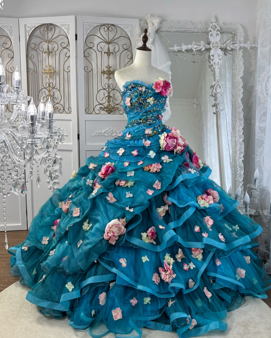 Ornate Strapless Blue Prom Dress Appliques Sequins A-Line Evening Dress GG7562