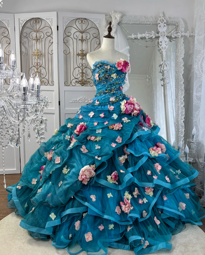 Ornate Strapless Blue Prom Dress Appliques Sequins A-Line Evening Dress GG7562