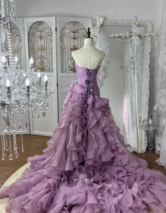Classical Strapless Purple Prom Dress Ruffles A-Line Evening Dress GG7563