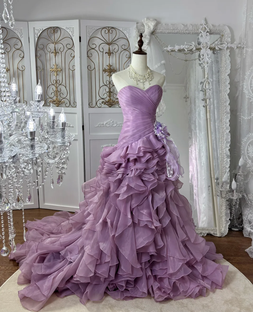 Classical Strapless Purple Prom Dress Ruffles A-Line Evening Dress GG7563