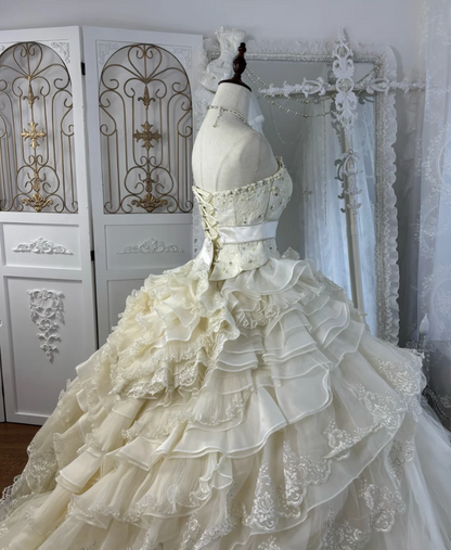 Elegant Strapless Beading Wedding Dress Ruffles Tiered A-Line Bridal Dress GG7564