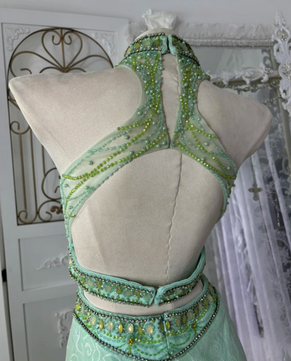 Vintage Halter Neck Lace Green Prom Dress Beading Backless A-Line Evening Dress GG7565