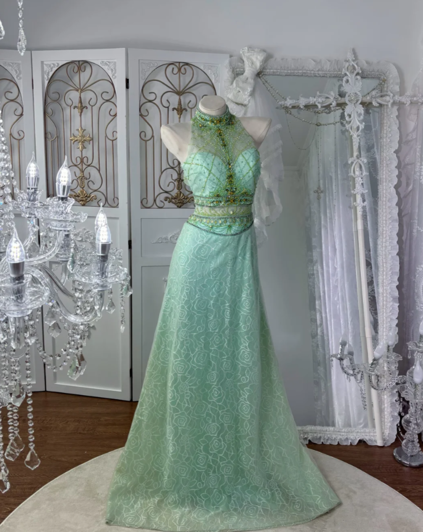 Vintage Halter Neck Lace Green Prom Dress Beading Backless A-Line Evening Dress GG7565