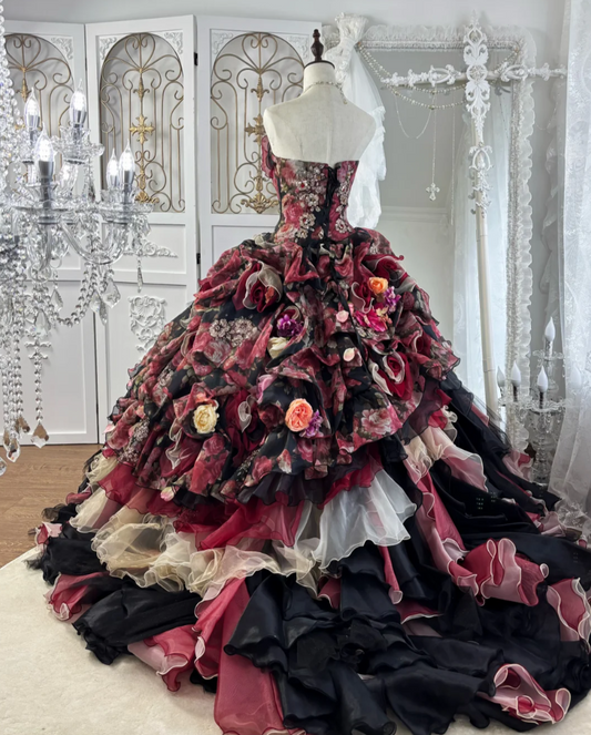 Luxurious Strapless Red Prom Dress Appliques Sequins Tiered A-Line Evening Dress GG7567