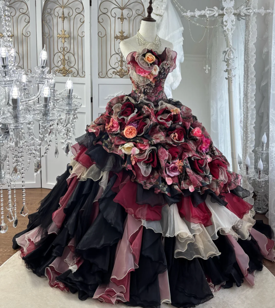 Luxurious Strapless Red Prom Dress Appliques Sequins Tiered A-Line Evening Dress GG7567