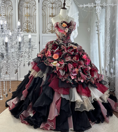 Luxurious Strapless Red Prom Dress Appliques Sequins Tiered A-Line Evening Dress GG7567
