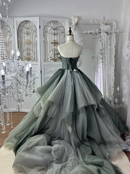 Fascinating Strapless Green Prom Dress Tulle Sequins A-Line Evening Dress GG7568