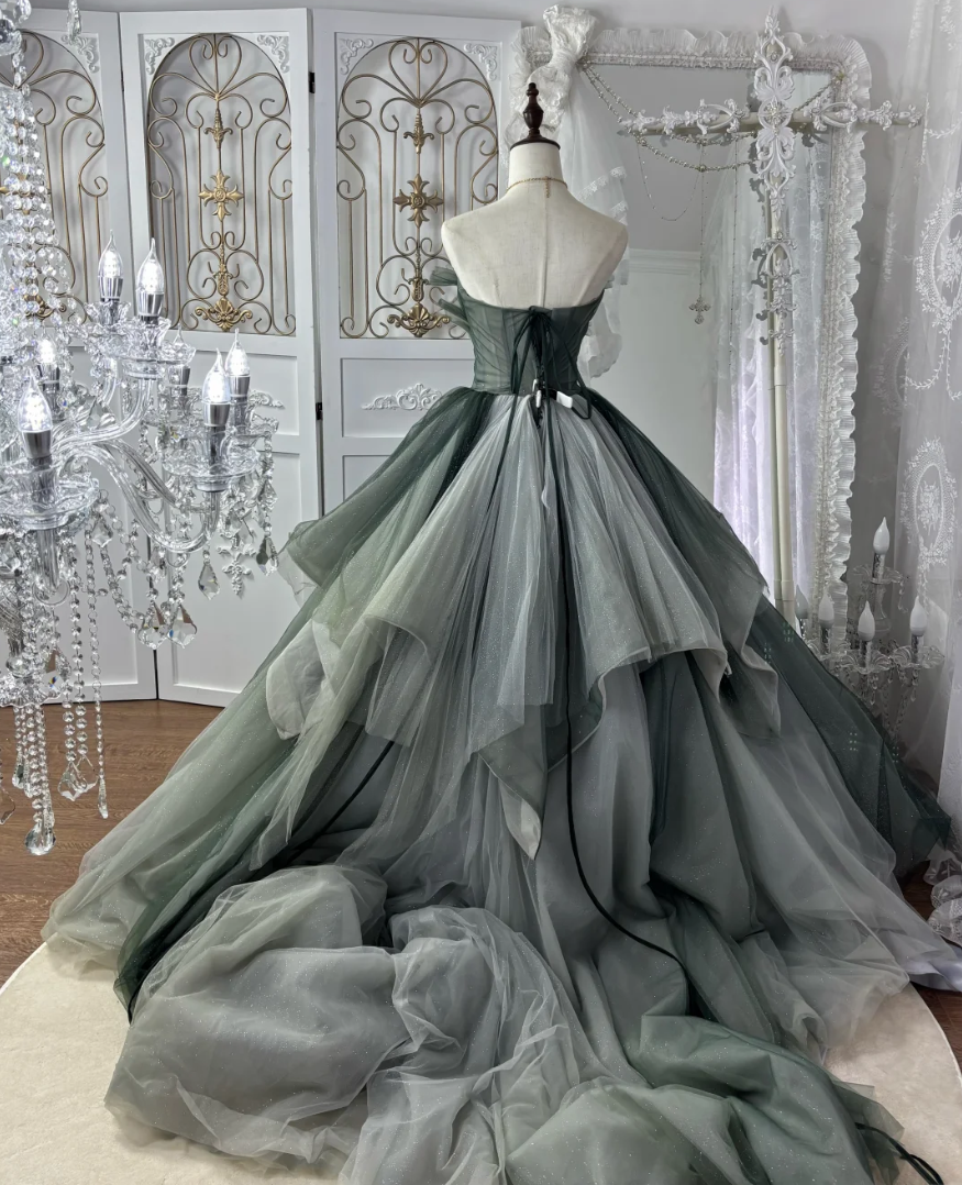 Fascinating Strapless Green Prom Dress Tulle Sequins A-Line Evening Dress GG7568