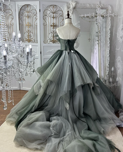 Fascinating Strapless Green Prom Dress Tulle Sequins A-Line Evening Dress GG7568