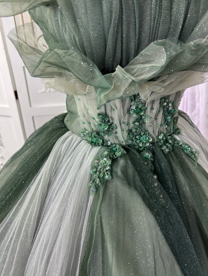 Fascinating Strapless Green Prom Dress Tulle Sequins A-Line Evening Dress GG7568