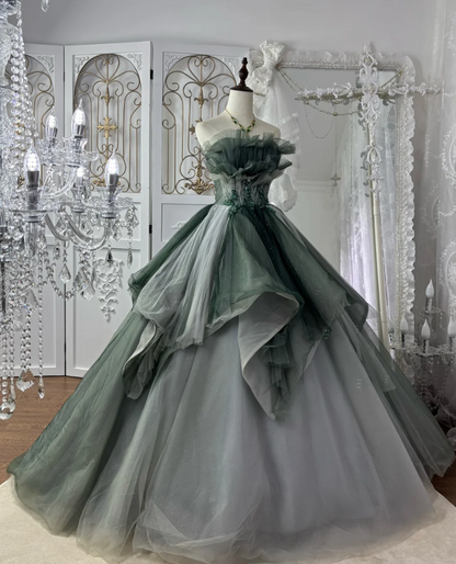 Fascinating Strapless Green Prom Dress Tulle Sequins A-Line Evening Dress GG7568