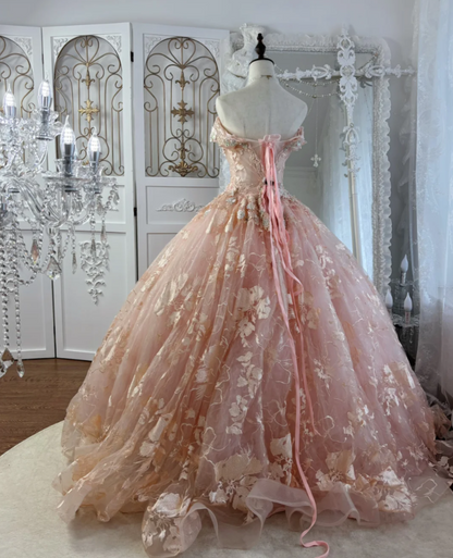 Adorable Off-Shoulder Pink Prom Dress Appliques Sequins A-Line Evening Dress GG7569