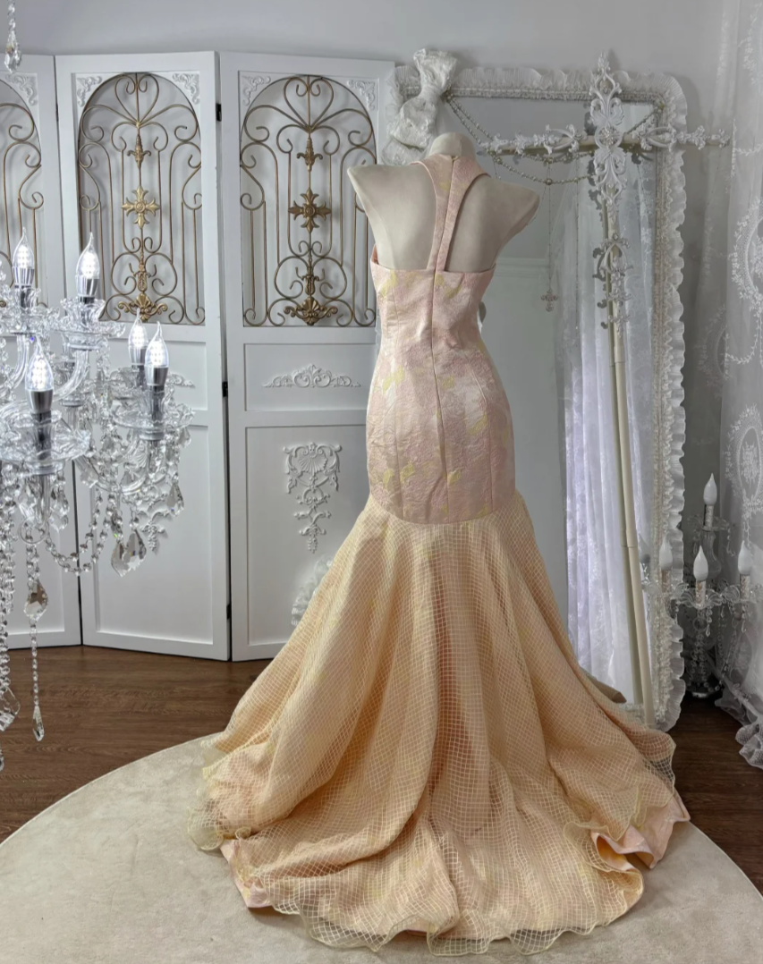 Vintage Halter Neck Prom Dress Pink Jacquard Mermaid Evening Dress GG7570