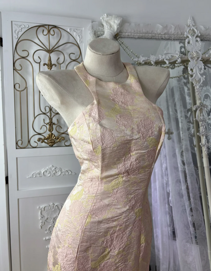 Vintage Halter Neck Prom Dress Pink Jacquard Mermaid Evening Dress GG7570