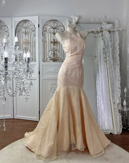 Vintage Halter Neck Prom Dress Pink Jacquard Mermaid Evening Dress GG7570