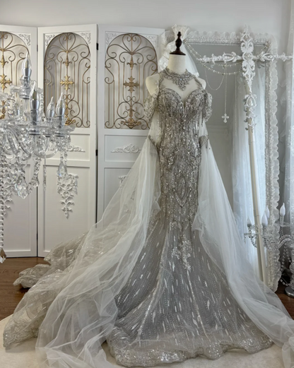 Glittering Long Sleeve Wedding Dress Halter Neck Beading Tassel Mermaid Bridal Dress GG7572