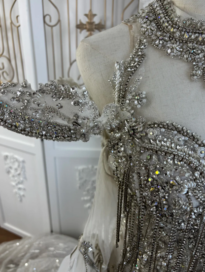 Glittering Long Sleeve Wedding Dress Halter Neck Beading Tassel Mermaid Bridal Dress GG7572
