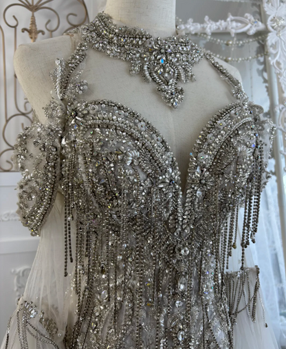 Glittering Long Sleeve Wedding Dress Halter Neck Beading Tassel Mermaid Bridal Dress GG7572